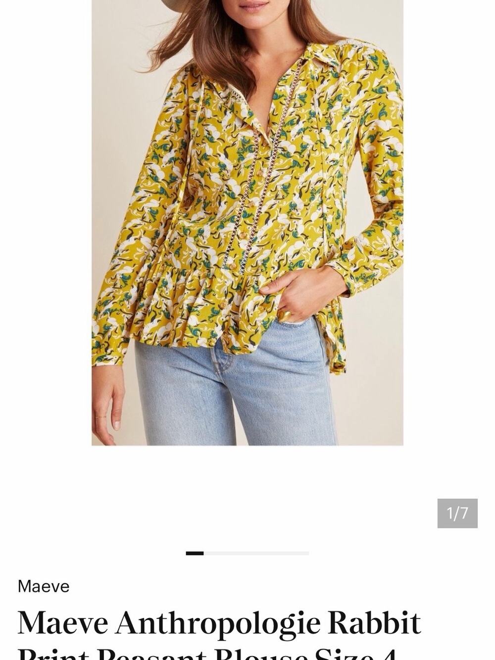 Anthropologie Yellow Floral & Rabbit-Print Peasant Blouse